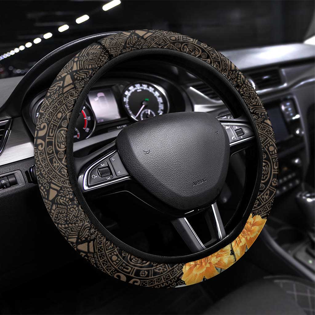 Mexico Day Of The Dead Steering Wheel Cover La Catrina Mix Cempasuchil Aztec Pattern LT15
