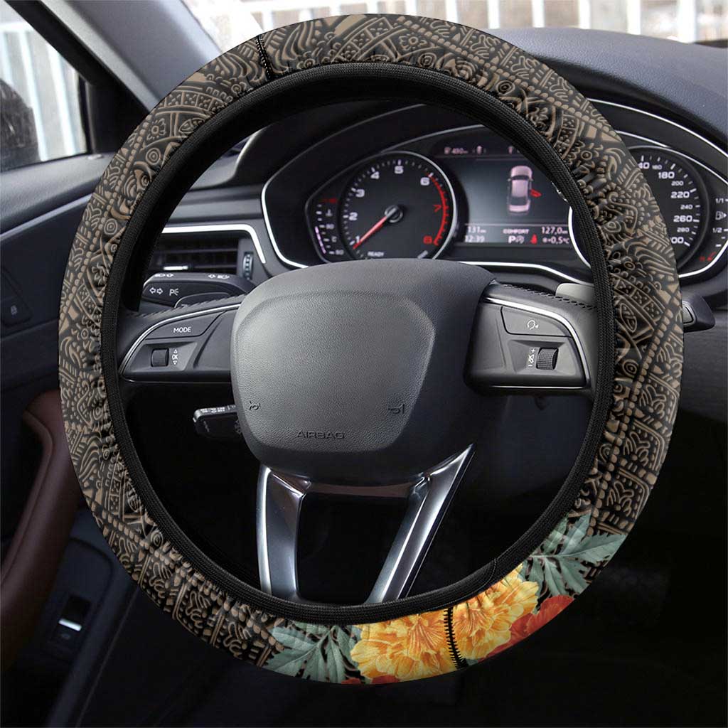 Mexico Day Of The Dead Steering Wheel Cover La Catrina Mix Cempasuchil Aztec Pattern LT15