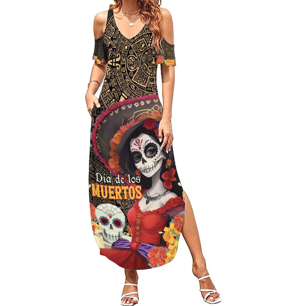 Mexico Day Of The Dead Summer Maxi Dress La Catrina Mix Cempasuchil Aztec Pattern LT15