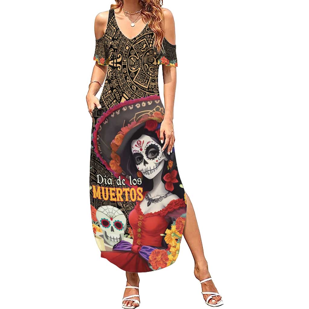Mexico Day Of The Dead Summer Maxi Dress La Catrina Mix Cempasuchil Aztec Pattern - Wonder Print Shop