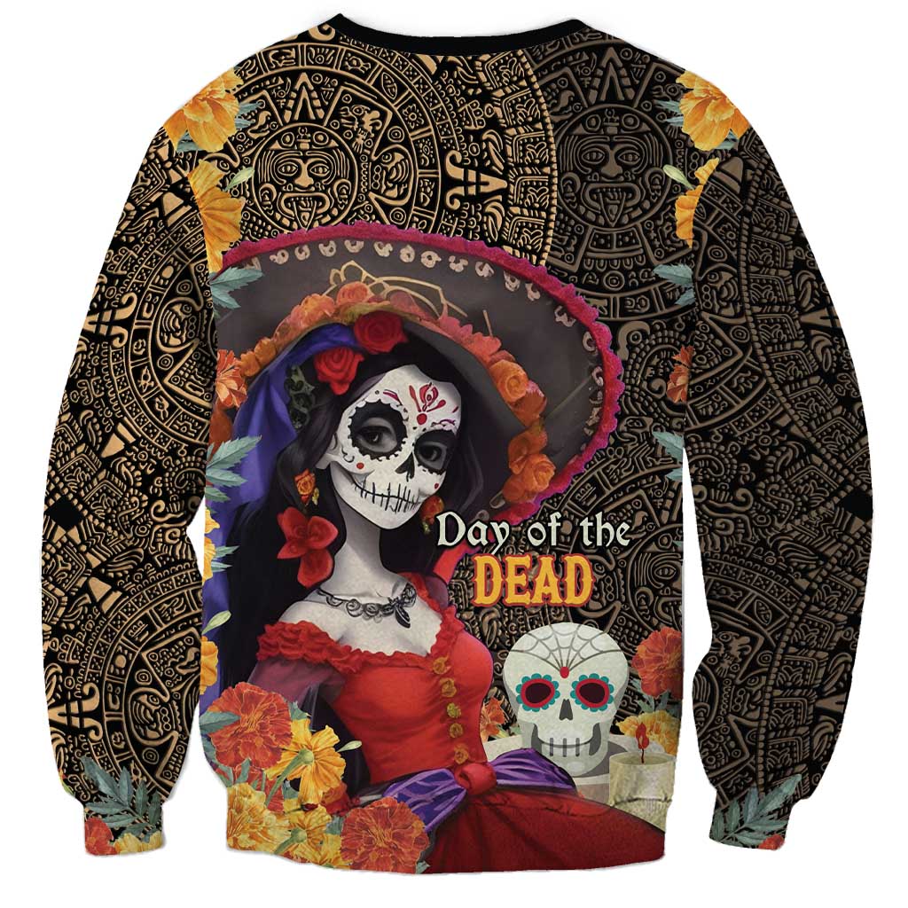 Mexico Day Of The Dead Sweatshirt La Catrina Mix Cempasuchil Aztec Pattern LT15
