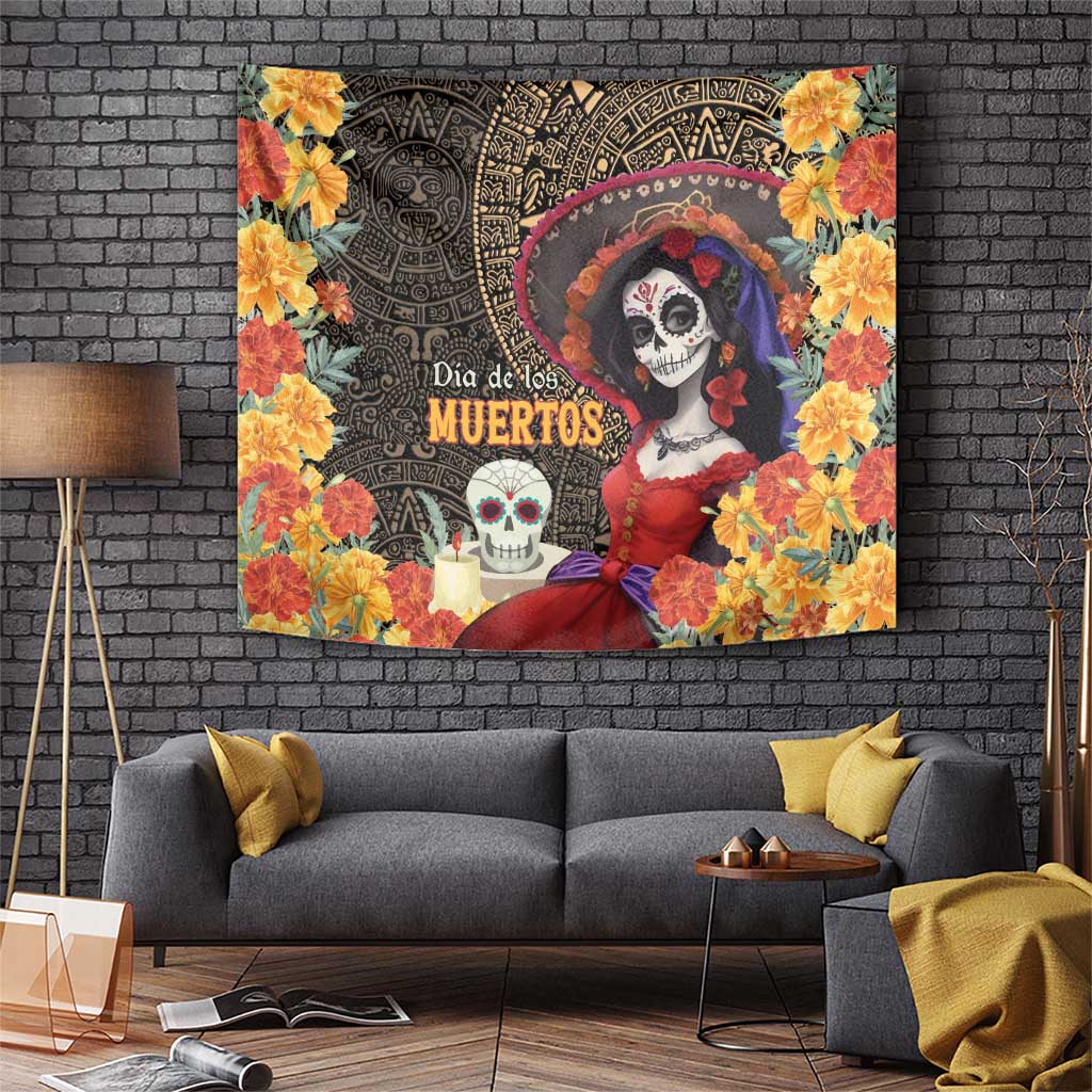 Mexico Day Of The Dead Tapestry La Catrina Mix Cempasuchil Aztec Pattern LT15