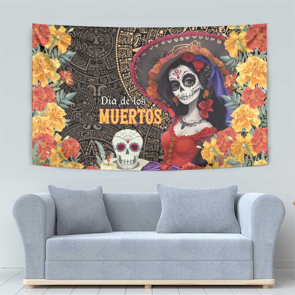 Mexico Day Of The Dead Tapestry La Catrina Mix Cempasuchil Aztec Pattern LT15