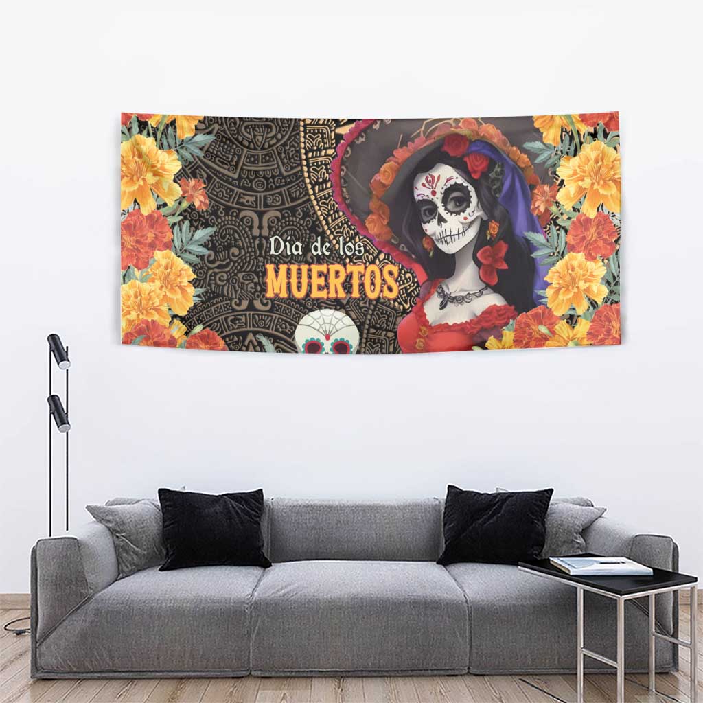 Mexico Day Of The Dead Tapestry La Catrina Mix Cempasuchil Aztec Pattern LT15