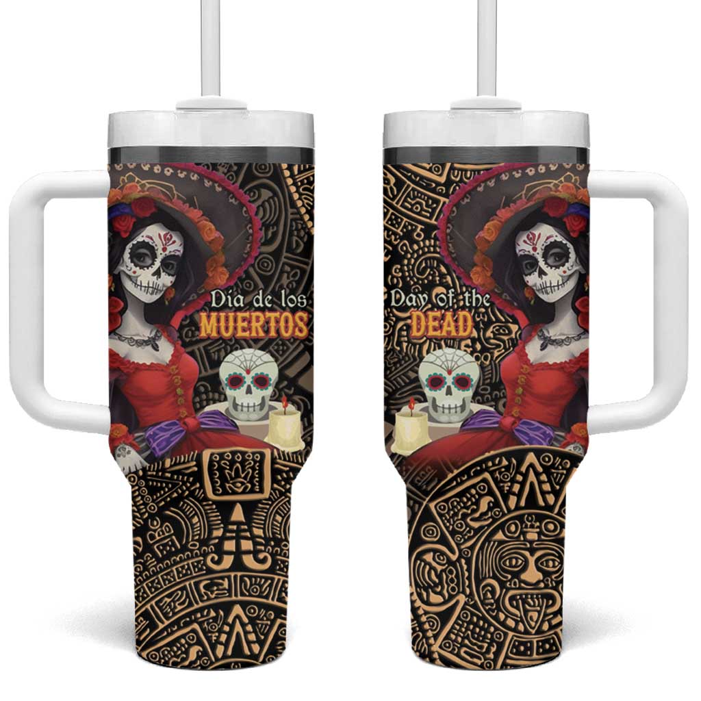 Mexico Day Of The Dead Tumbler With Handle La Catrina Mix Cempasuchil Aztec Pattern LT15