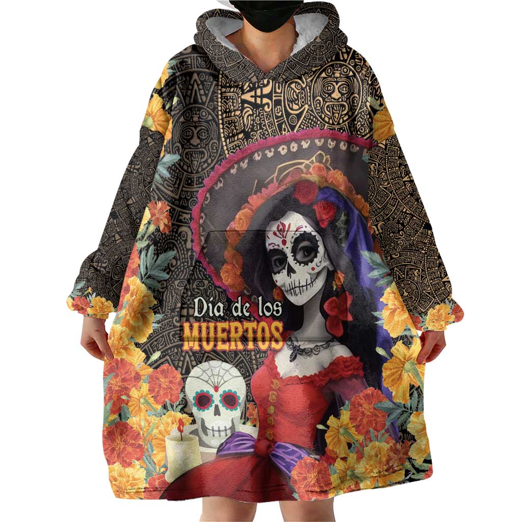 Mexico Day Of The Dead Wearable Blanket Hoodie La Catrina Mix Cempasuchil Aztec Pattern LT15