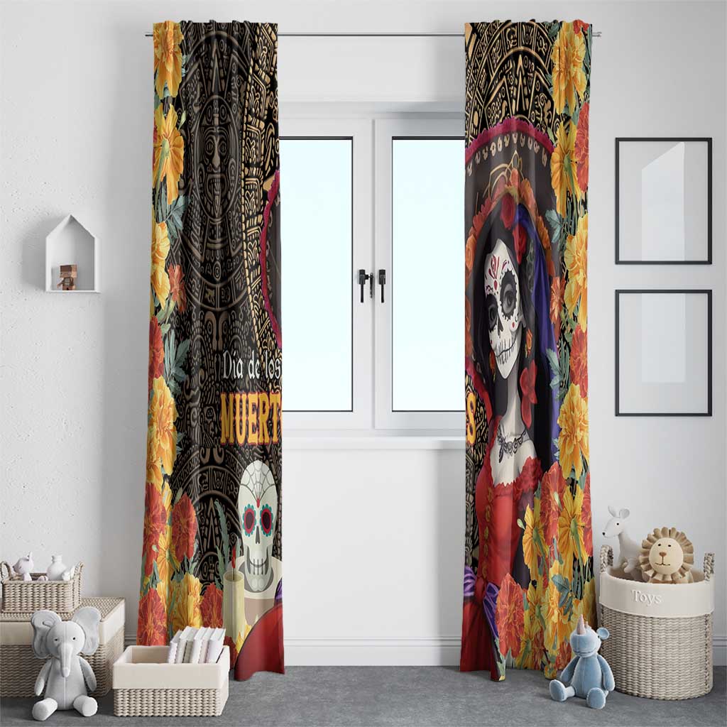 Mexico Day Of The Dead Window Curtain La Catrina Mix Cempasuchil Aztec Pattern LT15