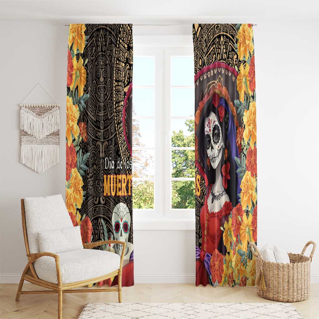 Mexico Day Of The Dead Window Curtain La Catrina Mix Cempasuchil Aztec Pattern LT15