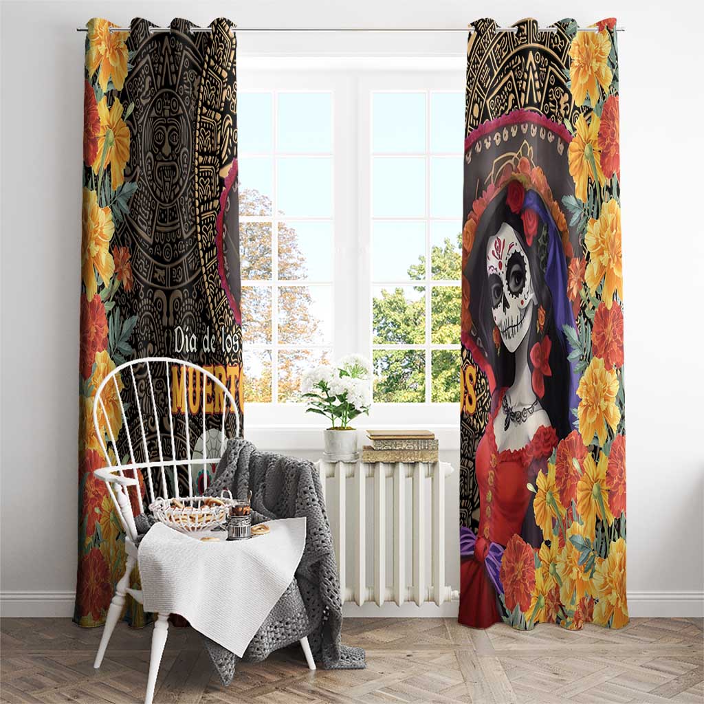 Mexico Day Of The Dead Window Curtain La Catrina Mix Cempasuchil Aztec Pattern LT15