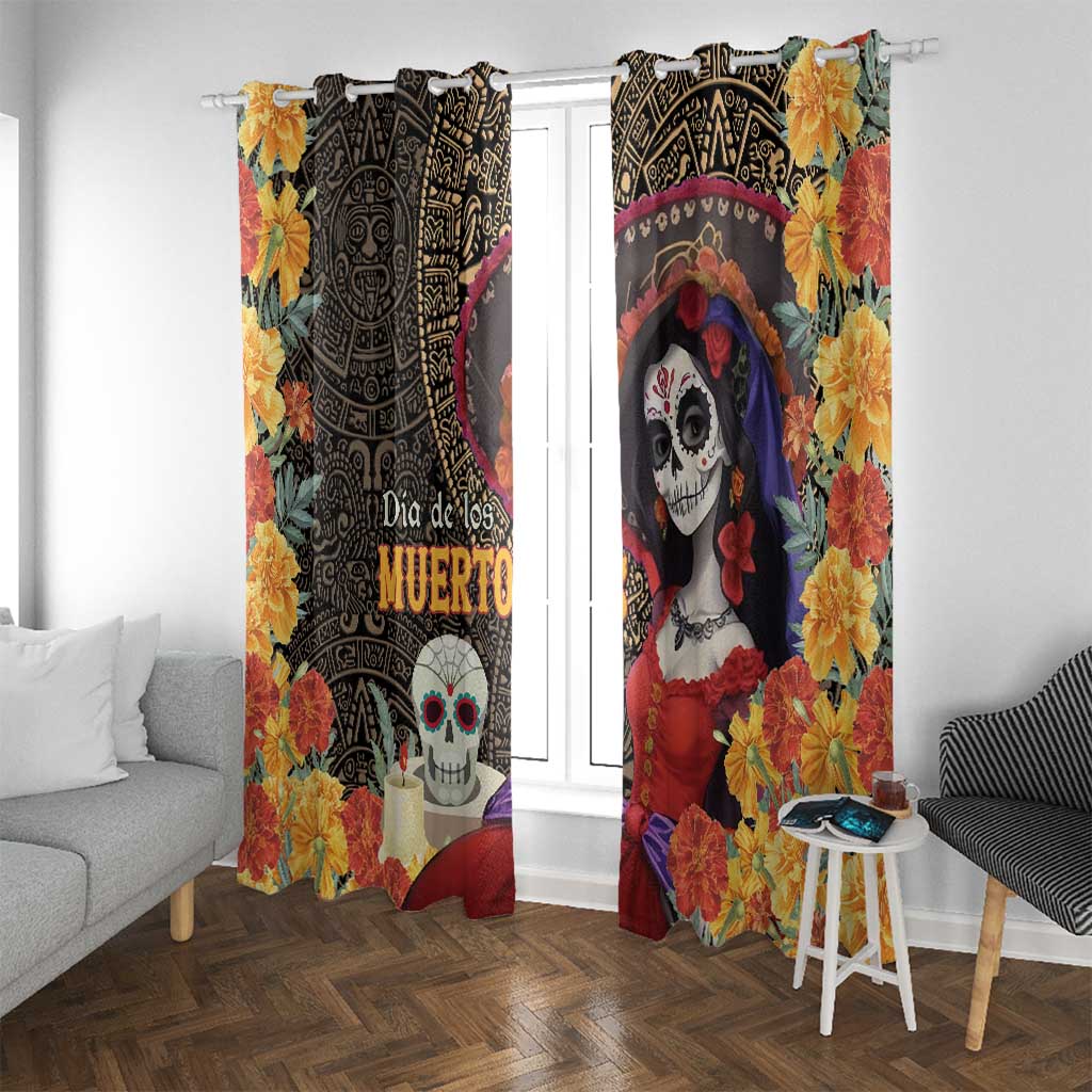 Mexico Day Of The Dead Window Curtain La Catrina Mix Cempasuchil Aztec Pattern LT15