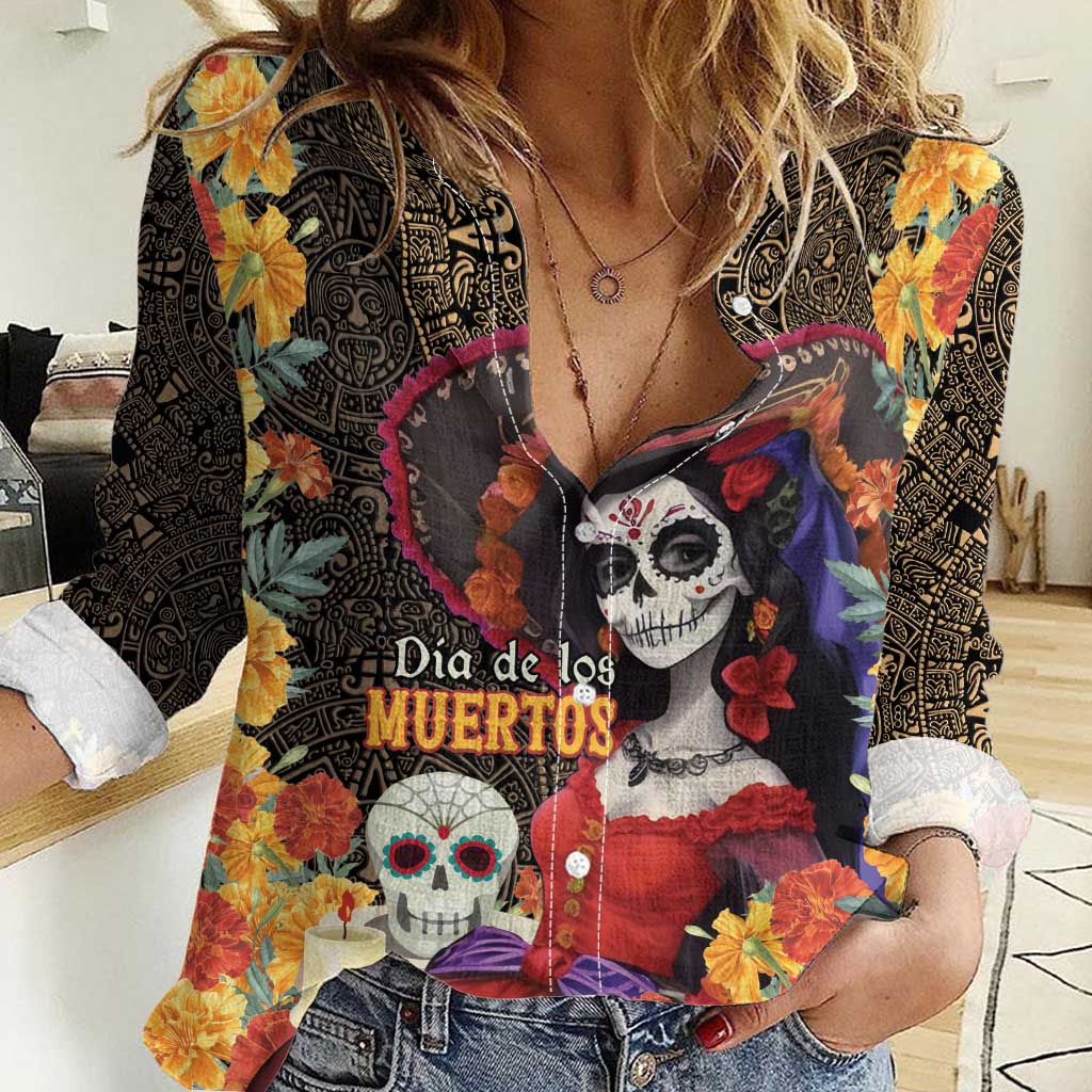 Mexico Day Of The Dead Women Casual Shirt La Catrina Mix Cempasuchil Aztec Pattern LT15