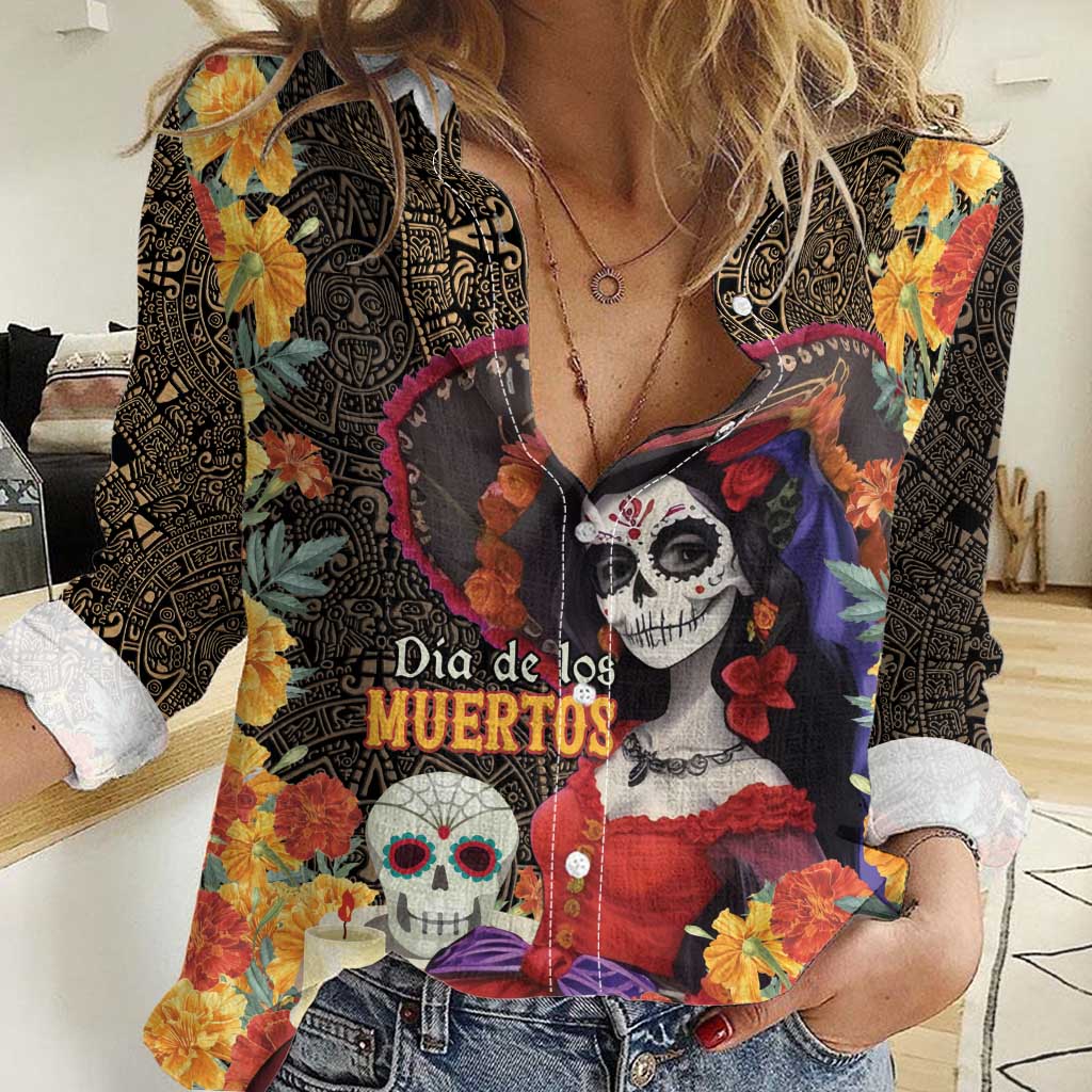 Mexico Day Of The Dead Women Casual Shirt La Catrina Mix Cempasuchil Aztec Pattern - Wonder Print Shop