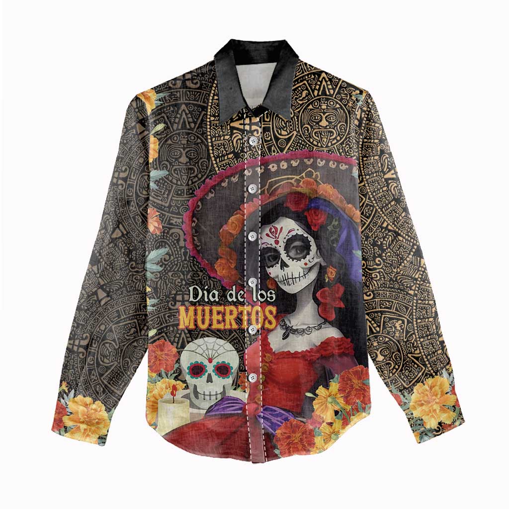 Mexico Day Of The Dead Women Casual Shirt La Catrina Mix Cempasuchil Aztec Pattern LT15