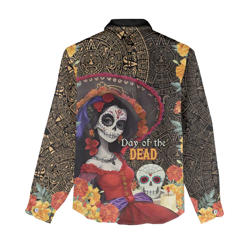 Mexico Day Of The Dead Women Casual Shirt La Catrina Mix Cempasuchil Aztec Pattern LT15