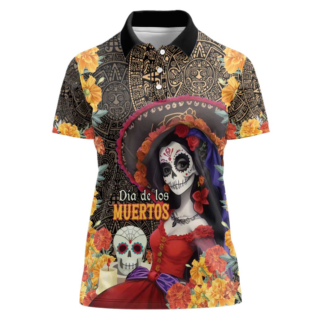 Mexico Day Of The Dead Women Polo Shirt La Catrina Mix Cempasuchil Aztec Pattern LT15