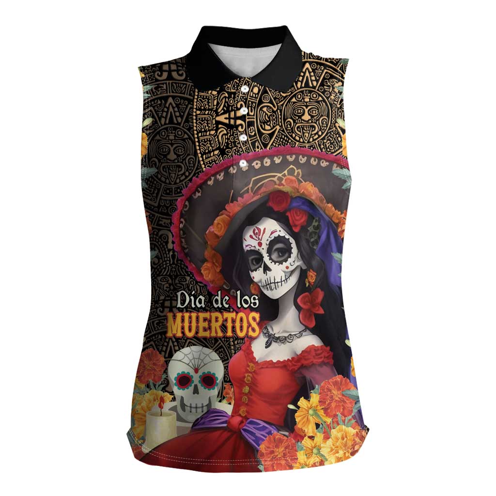 Mexico Day Of The Dead Women Sleeveless Polo Shirt La Catrina Mix Cempasuchil Aztec Pattern LT15