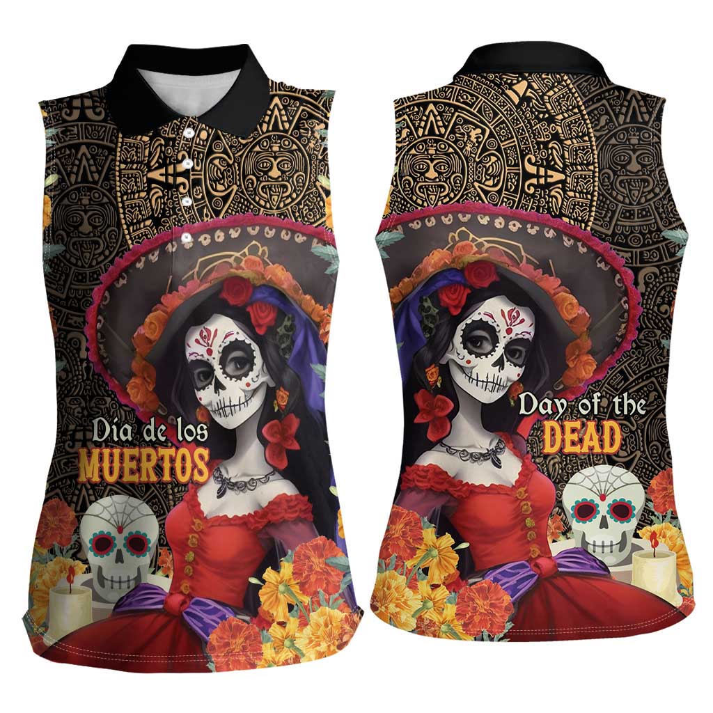 Mexico Day Of The Dead Women Sleeveless Polo Shirt La Catrina Mix Cempasuchil Aztec Pattern LT15