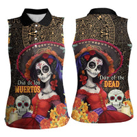 Mexico Day Of The Dead Women Sleeveless Polo Shirt La Catrina Mix Cempasuchil Aztec Pattern LT15