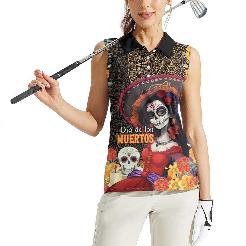 Mexico Day Of The Dead Women Sleeveless Polo Shirt La Catrina Mix Cempasuchil Aztec Pattern LT15