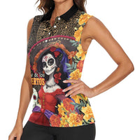 Mexico Day Of The Dead Women Sleeveless Polo Shirt La Catrina Mix Cempasuchil Aztec Pattern LT15
