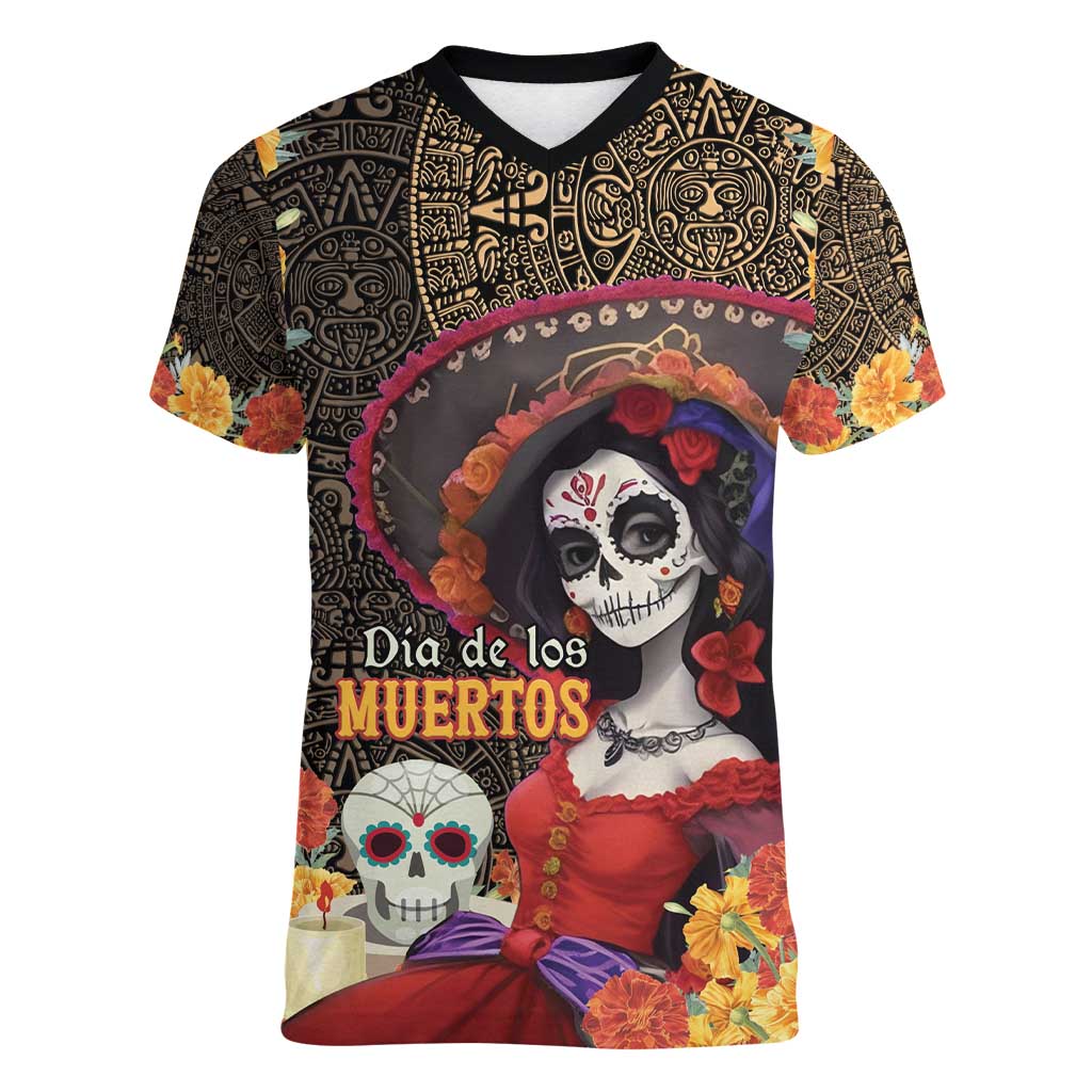 Mexico Day Of The Dead Women V-Neck T-Shirt La Catrina Mix Cempasuchil Aztec Pattern LT15