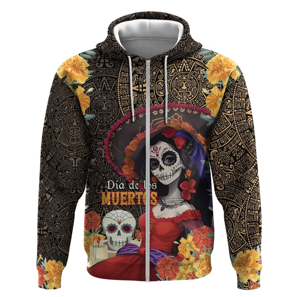 Mexico Day Of The Dead Zip Hoodie La Catrina Mix Cempasuchil Aztec Pattern LT15