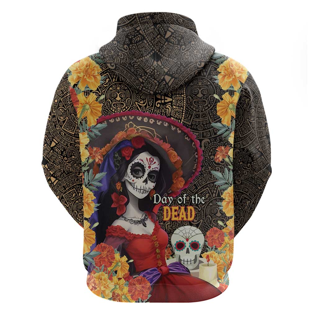 Mexico Day Of The Dead Zip Hoodie La Catrina Mix Cempasuchil Aztec Pattern LT15
