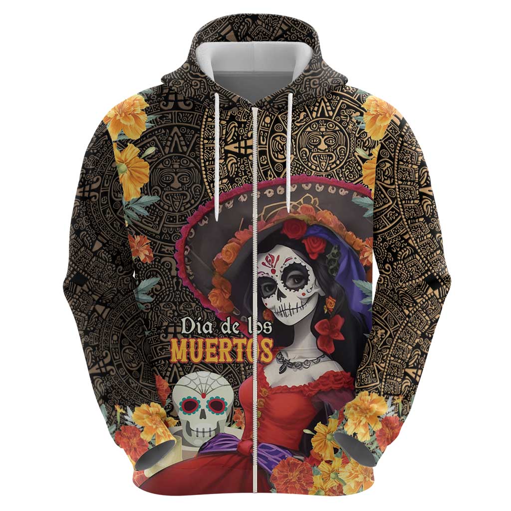 Mexico Day Of The Dead Zip Hoodie La Catrina Mix Cempasuchil Aztec Pattern LT15