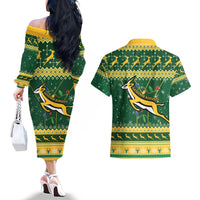 South Africa Christmas Rugby Couples Matching Off The Shoulder Long Sleeve Dress and Hawaiian Shirt Springboks Geseende Kersfees - Wonder Print Shop