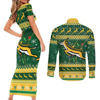 South Africa Christmas Rugby Couples Matching Short Sleeve Bodycon Dress and Long Sleeve Button Shirt Springboks Geseende Kersfees - Wonder Print Shop