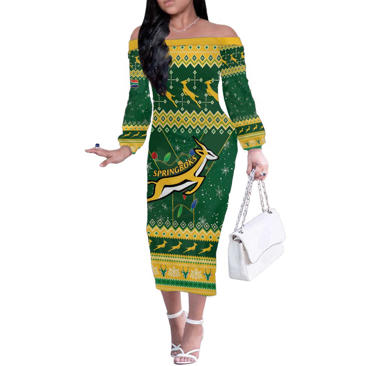 South Africa Christmas Rugby Family Matching Off The Shoulder Long Sleeve Dress and Hawaiian Shirt Springboks Geseende Kersfees - Wonder Print Shop