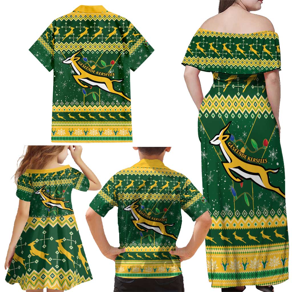 South Africa Christmas Rugby Family Matching Off Shoulder Maxi Dress and Hawaiian Shirt Springboks Geseende Kersfees - Wonder Print Shop