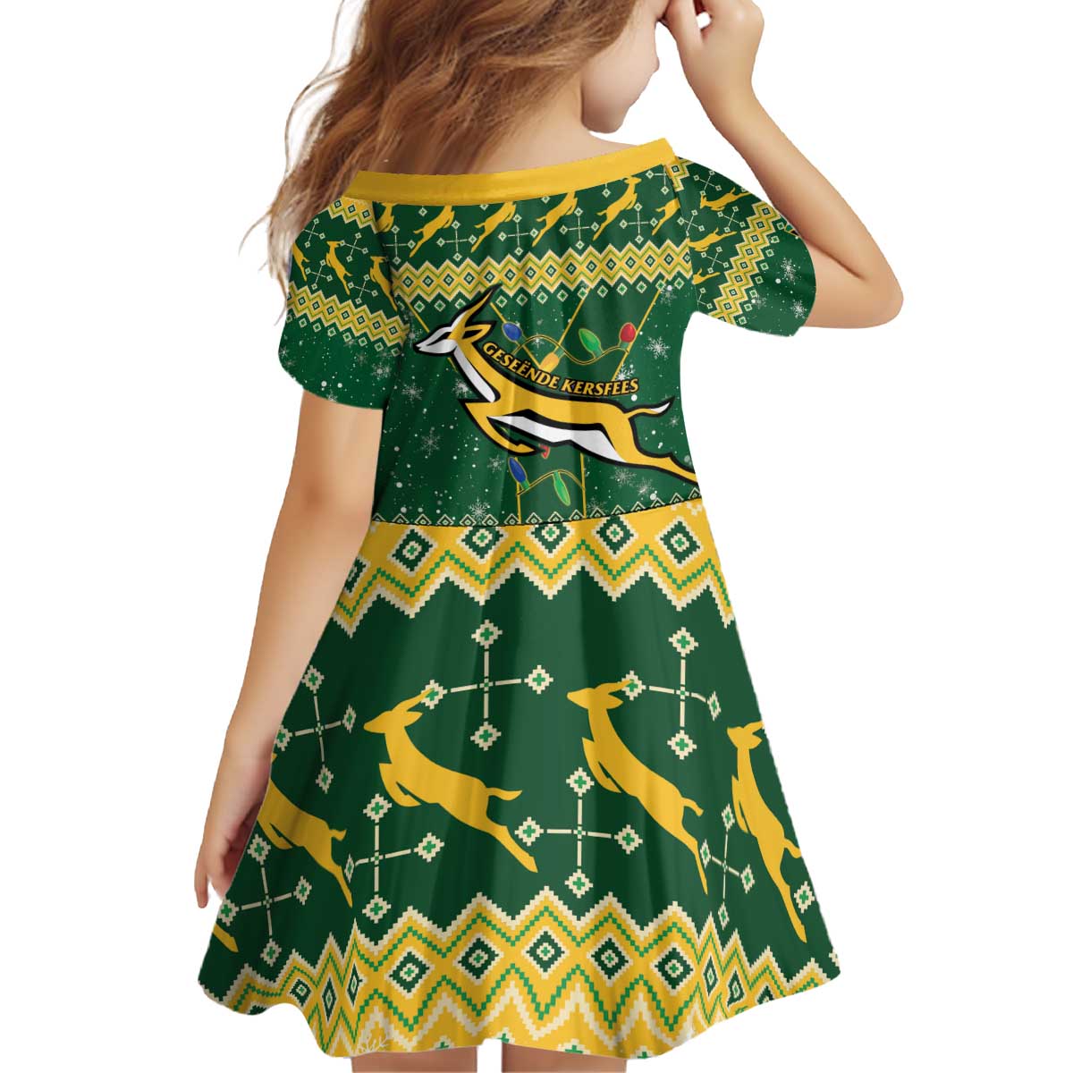 South Africa Christmas Rugby Kid Short Sleeve Dress Springboks Geseende Kersfees - Wonder Print Shop
