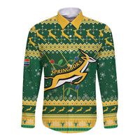 South Africa Christmas Rugby Long Sleeve Button Shirt Springboks Geseende Kersfees - Wonder Print Shop