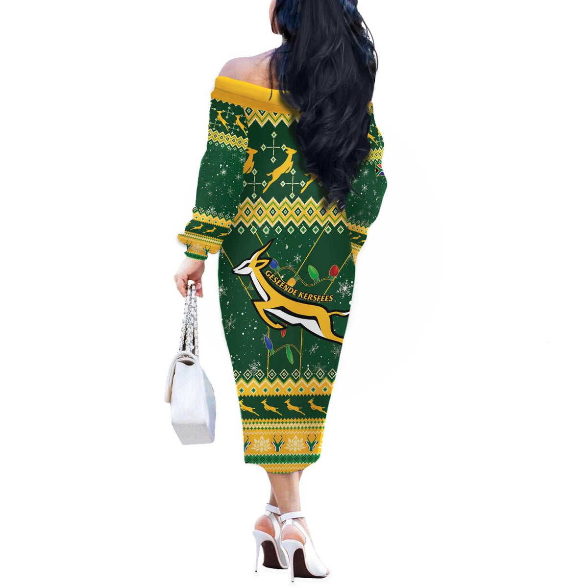 South Africa Christmas Rugby Off The Shoulder Long Sleeve Dress Springboks Geseende Kersfees - Wonder Print Shop