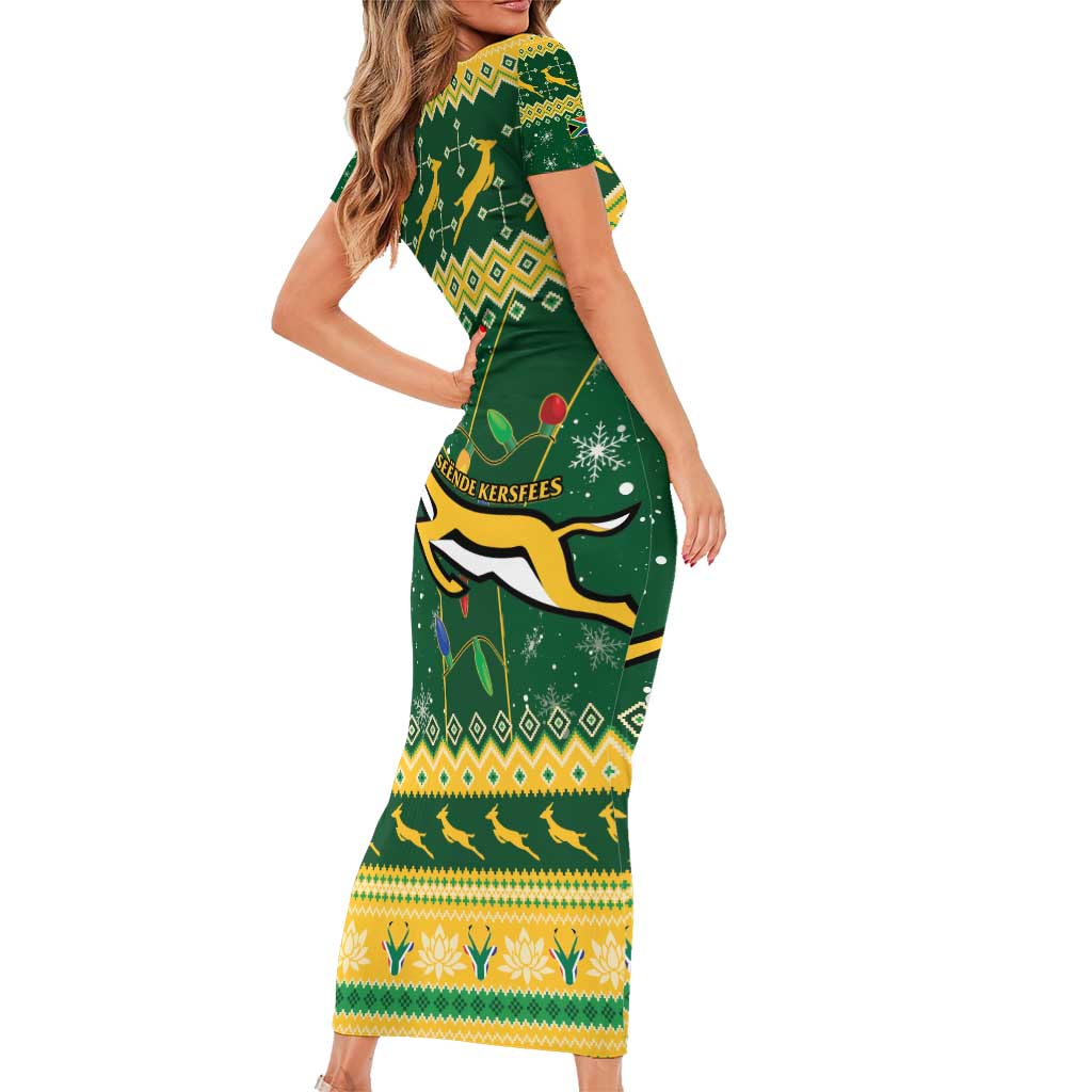 South Africa Christmas Rugby Short Sleeve Bodycon Dress Springboks Geseende Kersfees - Wonder Print Shop