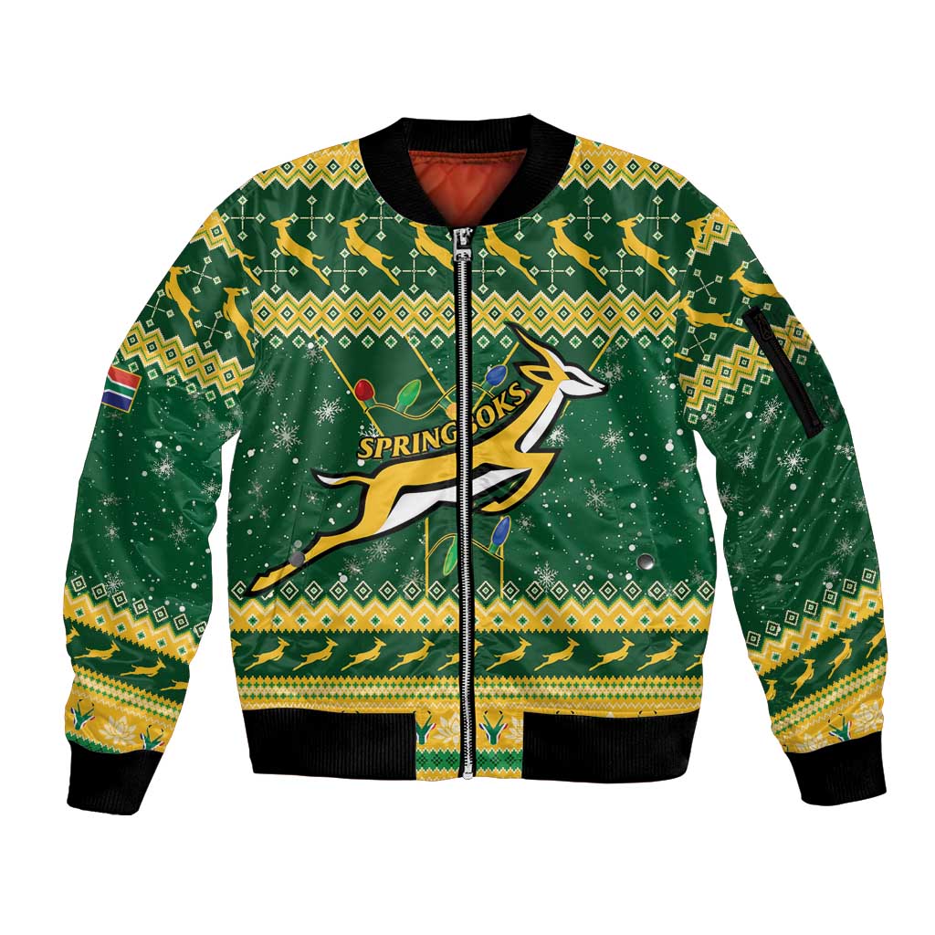 South Africa Christmas Rugby Sleeve Zip Bomber Jacket Springboks Geseende Kersfees - Wonder Print Shop