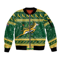 South Africa Christmas Rugby Sleeve Zip Bomber Jacket Springboks Geseende Kersfees - Wonder Print Shop