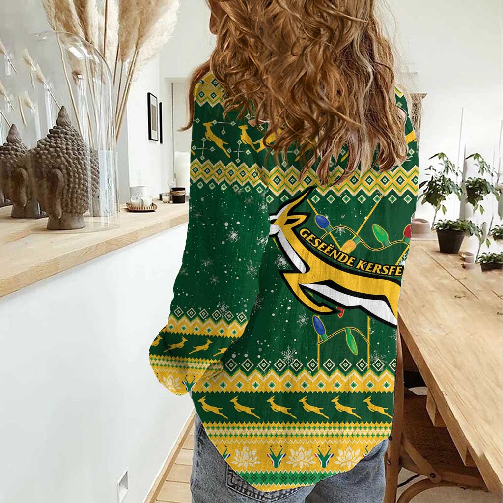 South Africa Christmas Rugby Women Casual Shirt Springboks Geseende Kersfees - Wonder Print Shop