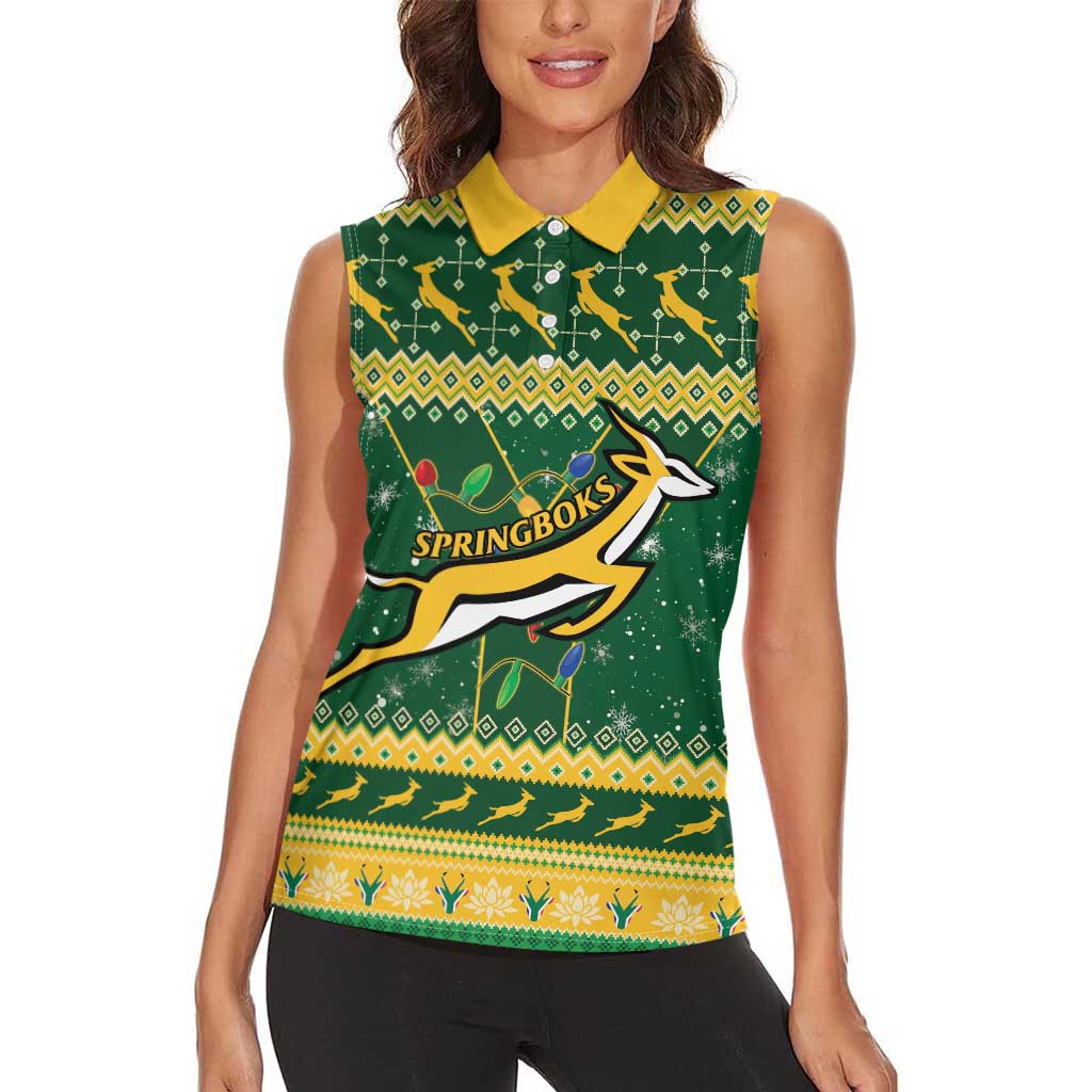 South Africa Christmas Rugby Women Sleeveless Polo Shirt Springboks Geseende Kersfees - Wonder Print Shop