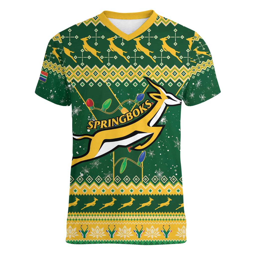 South Africa Christmas Rugby Women V-Neck T-Shirt Springboks Geseende Kersfees - Wonder Print Shop