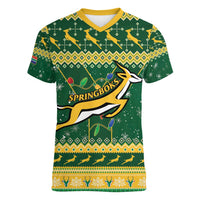 South Africa Christmas Rugby Women V-Neck T-Shirt Springboks Geseende Kersfees - Wonder Print Shop