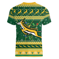 South Africa Christmas Rugby Women V-Neck T-Shirt Springboks Geseende Kersfees - Wonder Print Shop