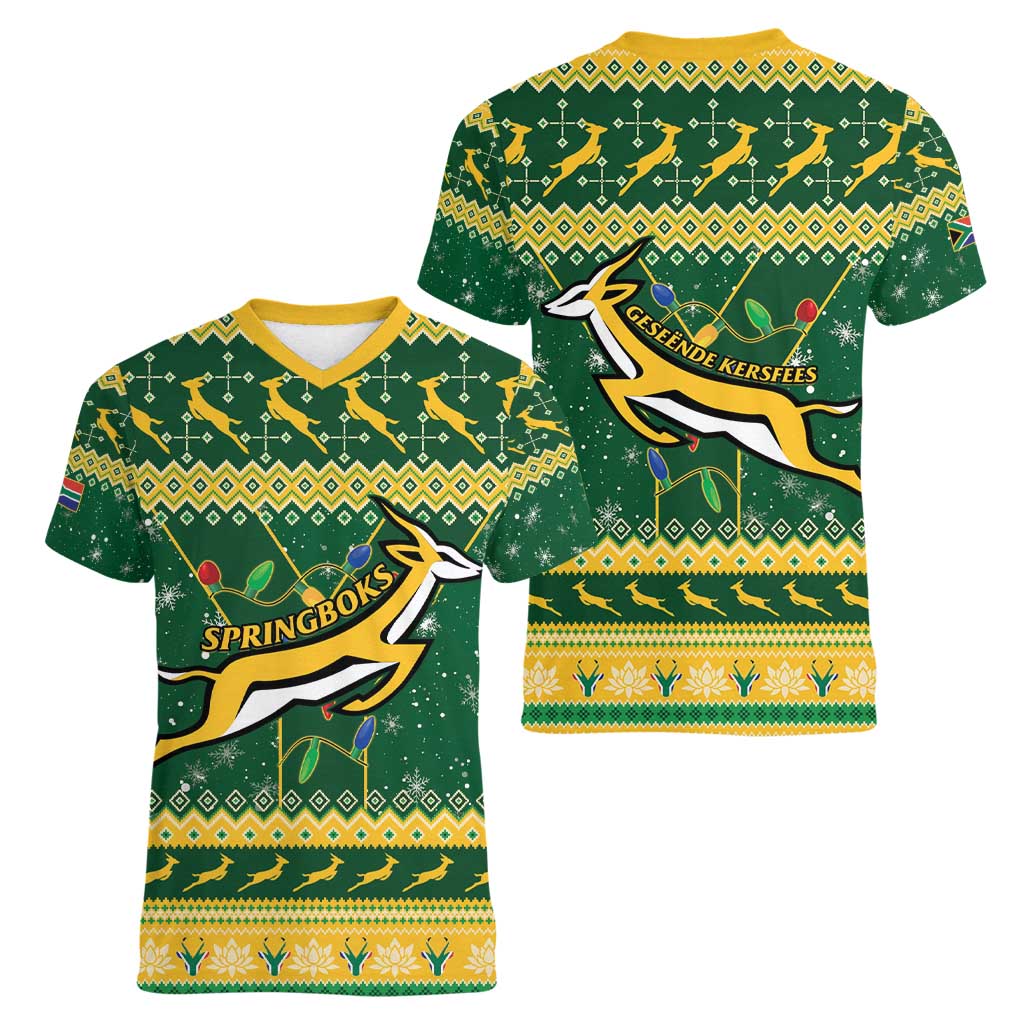South Africa Christmas Rugby Women V-Neck T-Shirt Springboks Geseende Kersfees - Wonder Print Shop