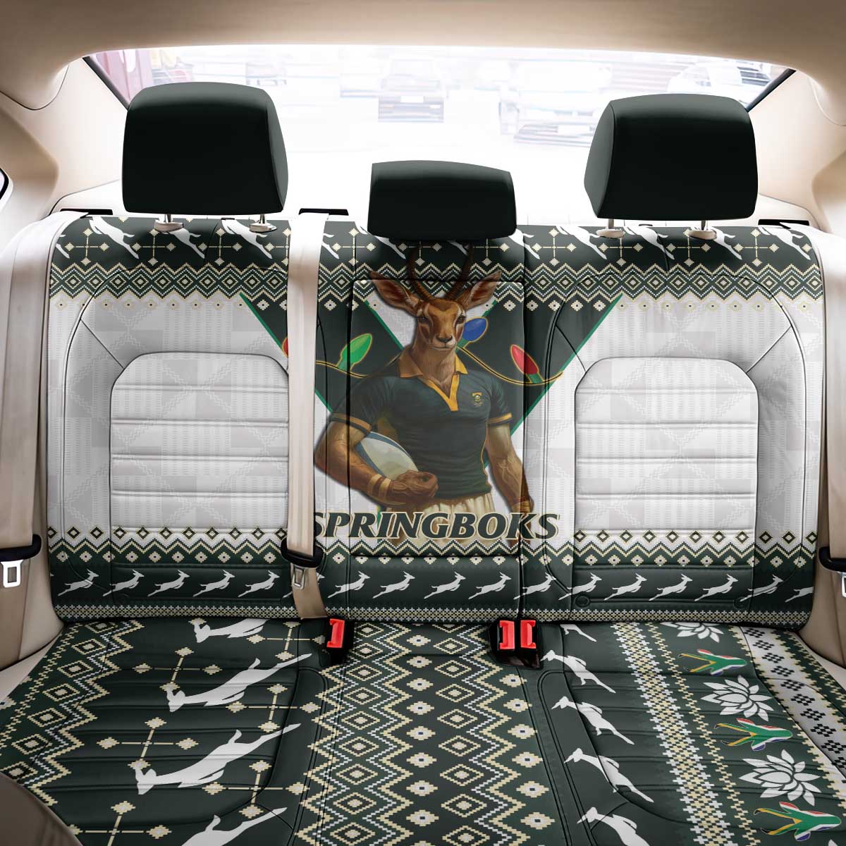 South Africa Christmas Rugby Back Car Seat Cover Springboks Mascot Mix African Pattern - Wonder Print Shop
