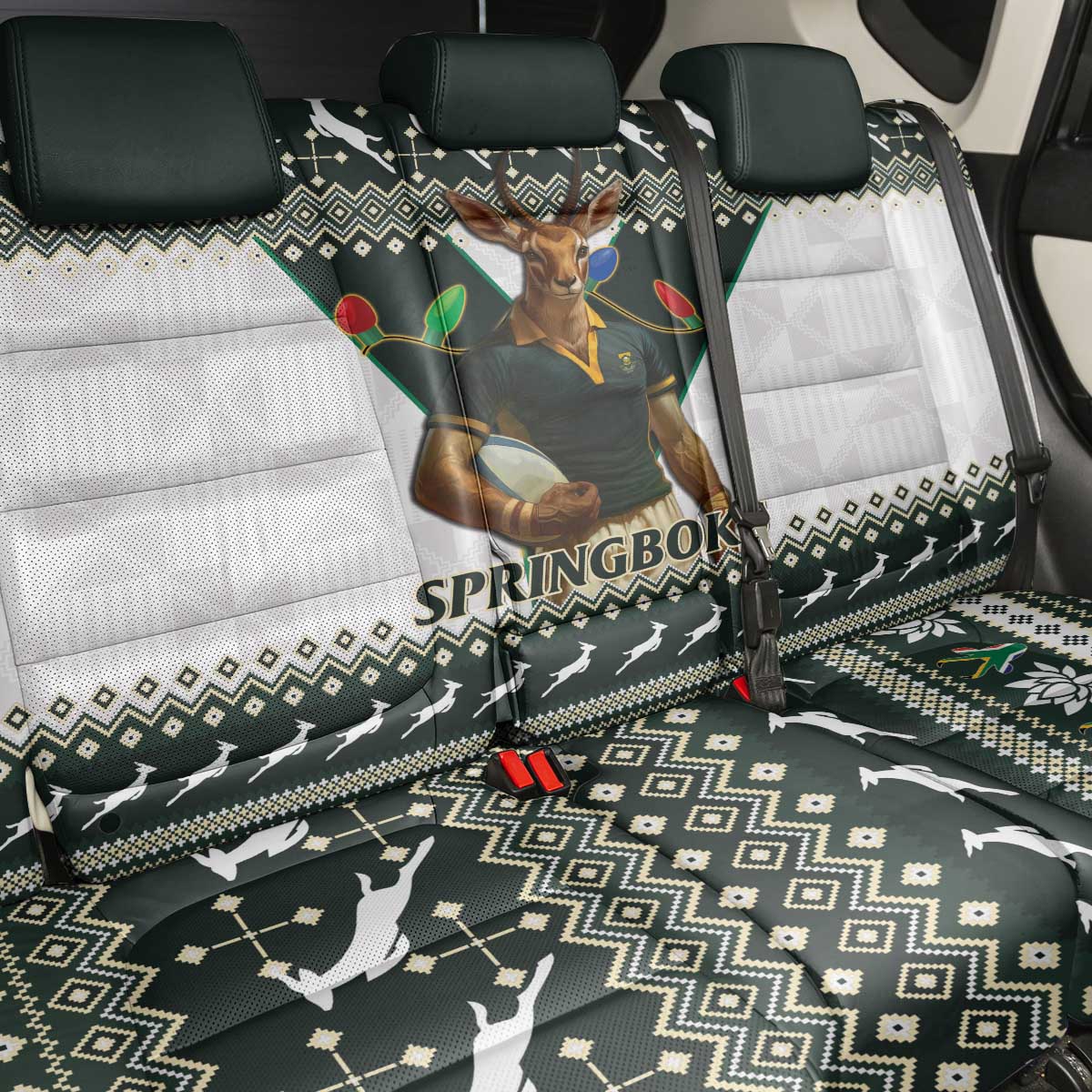 South Africa Christmas Rugby Back Car Seat Cover Springboks Mascot Mix African Pattern - Wonder Print Shop