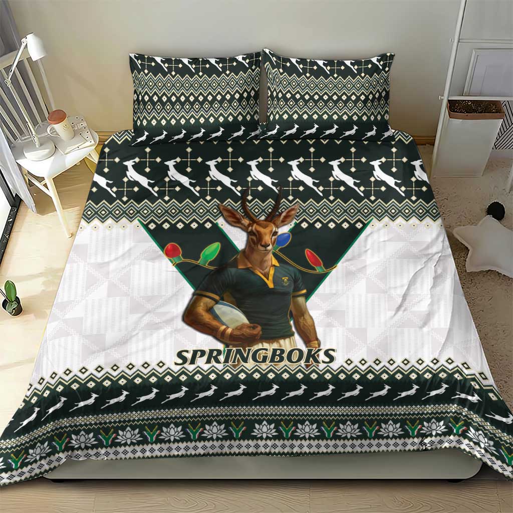 South Africa Christmas Rugby Bedding Set Springboks Mascot Mix African Pattern - Wonder Print Shop