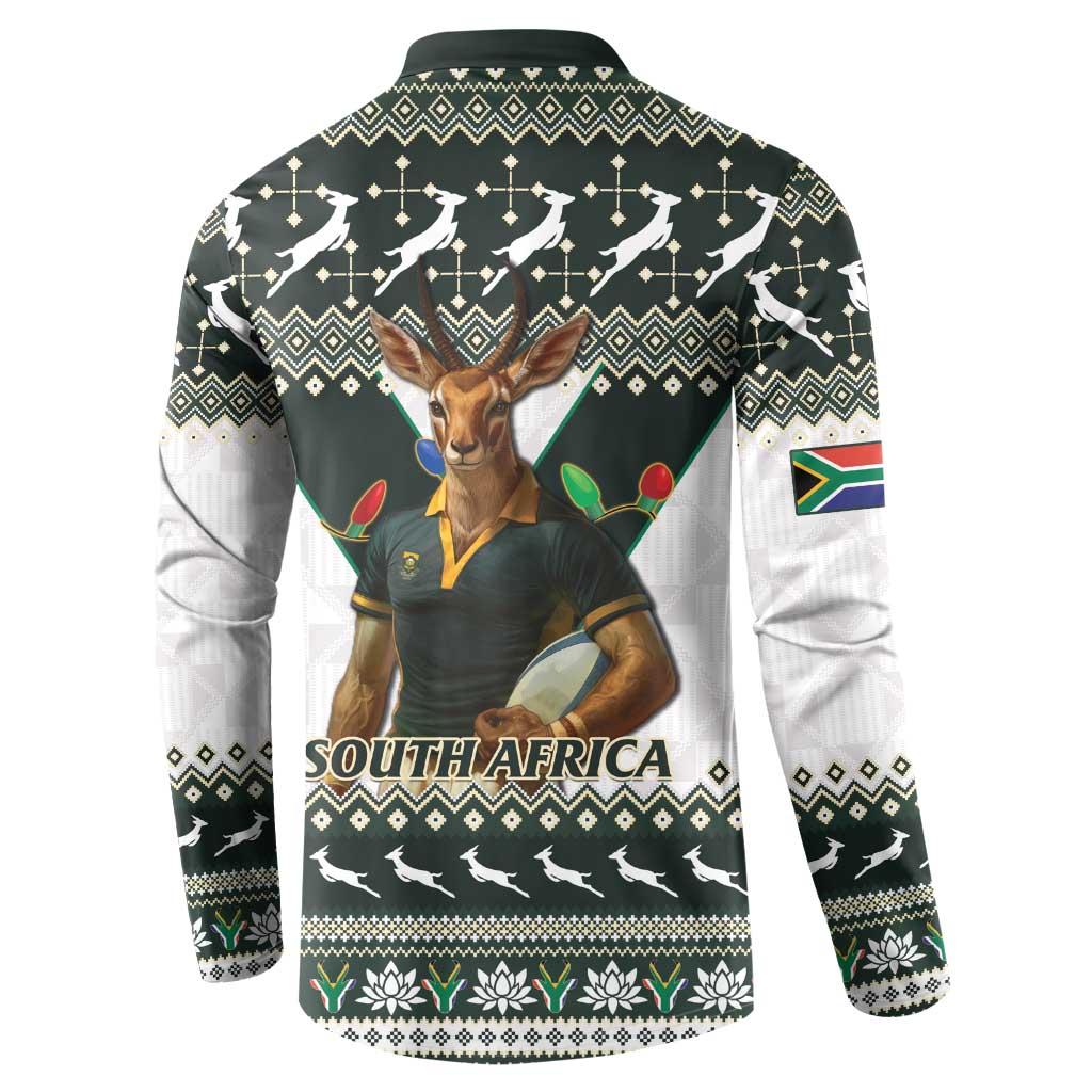 South Africa Christmas Rugby Button Sweatshirt Springboks Mascot Mix African Pattern - Wonder Print Shop