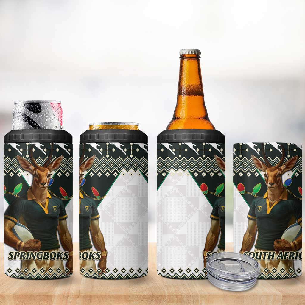 South Africa Christmas Rugby 4 in 1 Can Cooler Tumbler Springboks Mascot Mix African Pattern - Wonder Print Shop