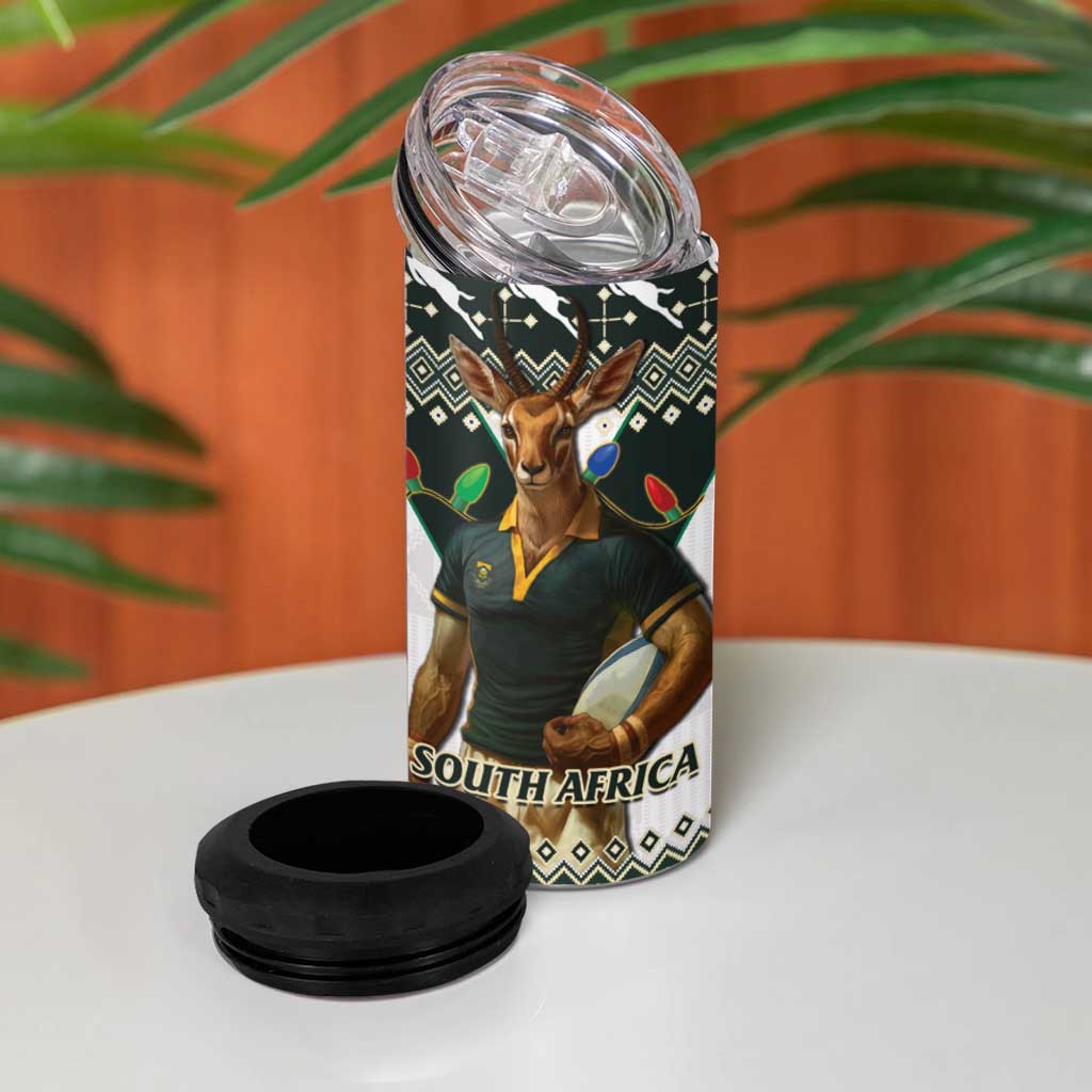 South Africa Christmas Rugby 4 in 1 Can Cooler Tumbler Springboks Mascot Mix African Pattern - Wonder Print Shop